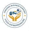 Circular logo representing ongoing business support for food entrepreneurs, featuring hands supporting food and business growth icons.
