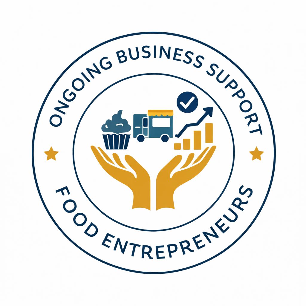 Circular logo representing ongoing business support for food entrepreneurs, featuring hands supporting food and business growth icons.